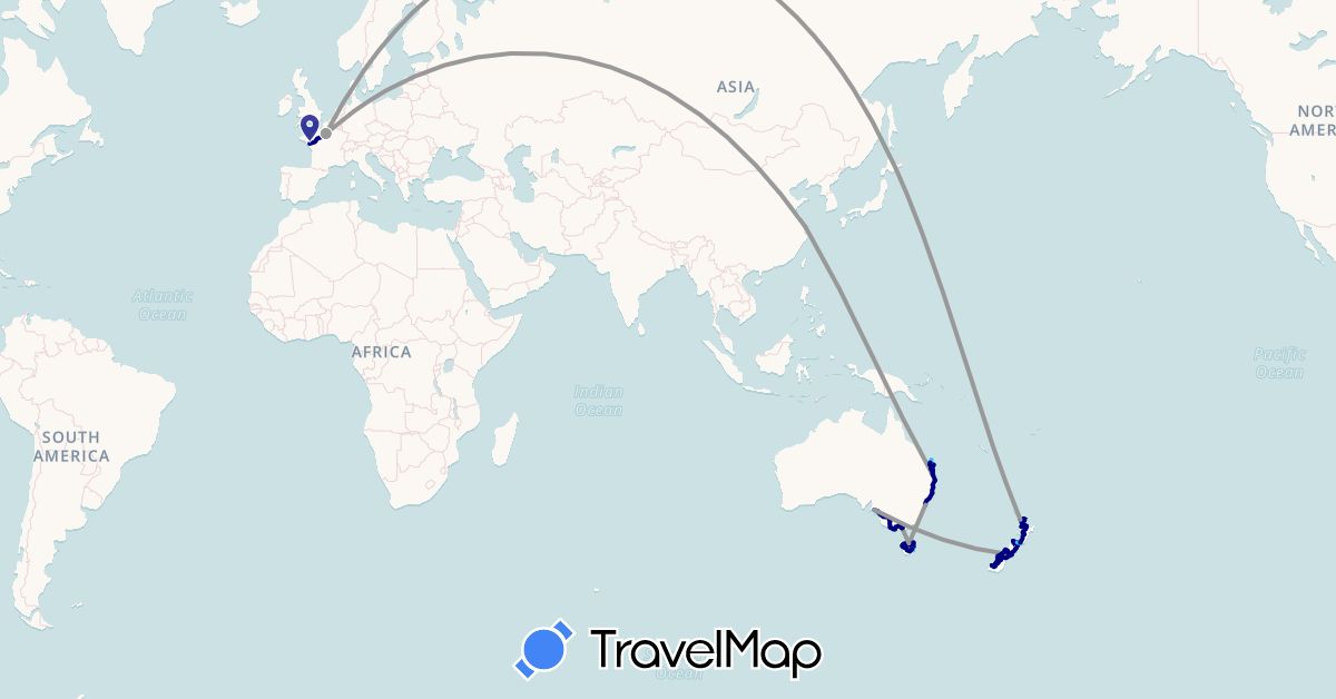 TravelMap itinerary: driving, plane, cycling, hiking, boat in Australia, China, France, New Zealand (Asia, Europe, Oceania)